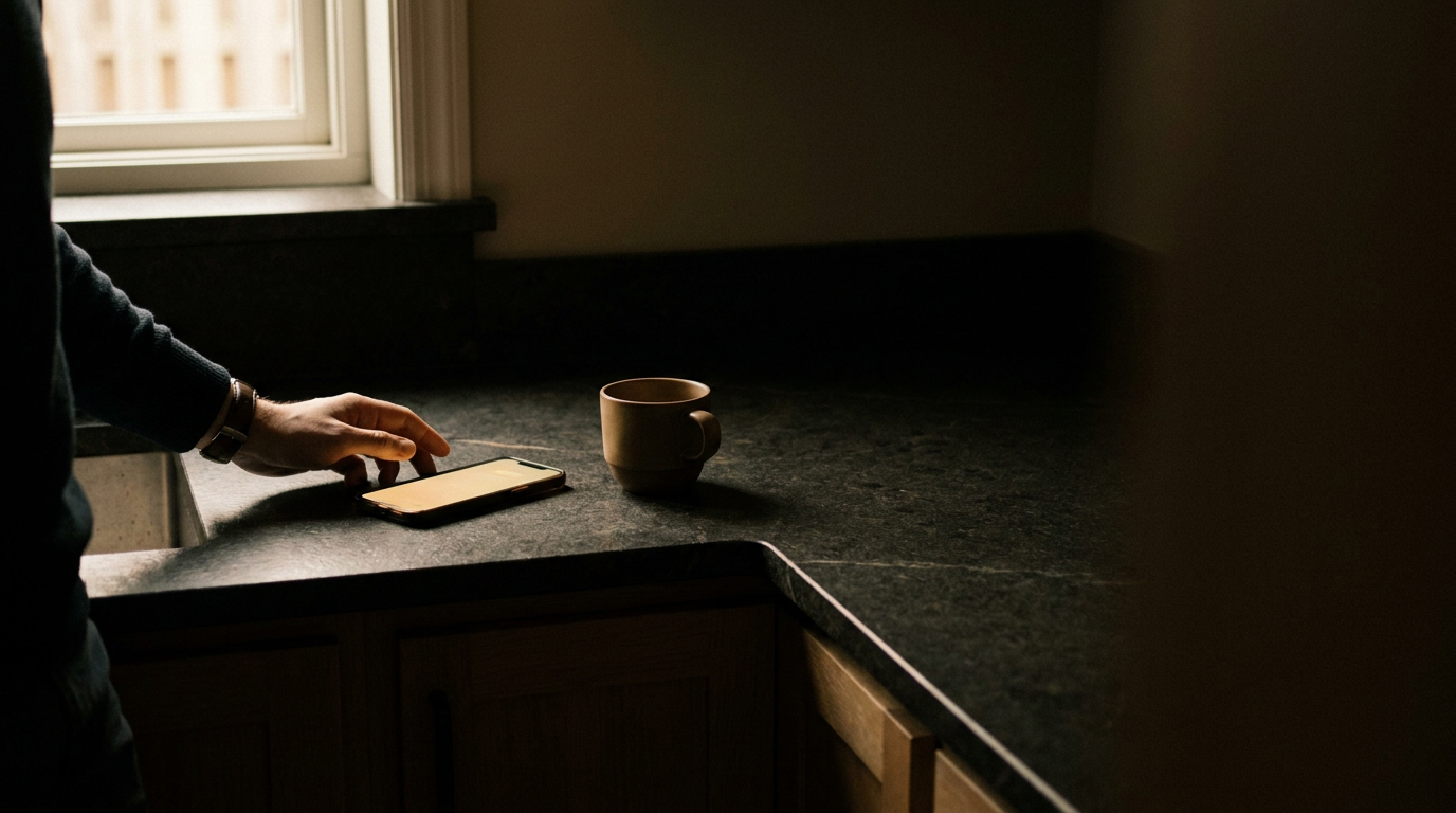 A phone on a kitchen counter at dawn beside a coffee cup