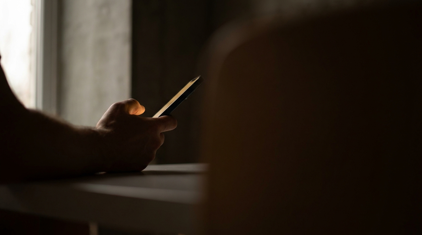 A hand holding a phone in warm morning light