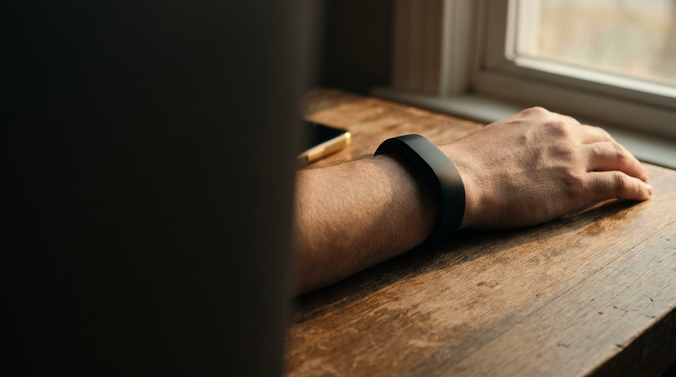 A wrist wearing a minimalist wearable, resting in morning light