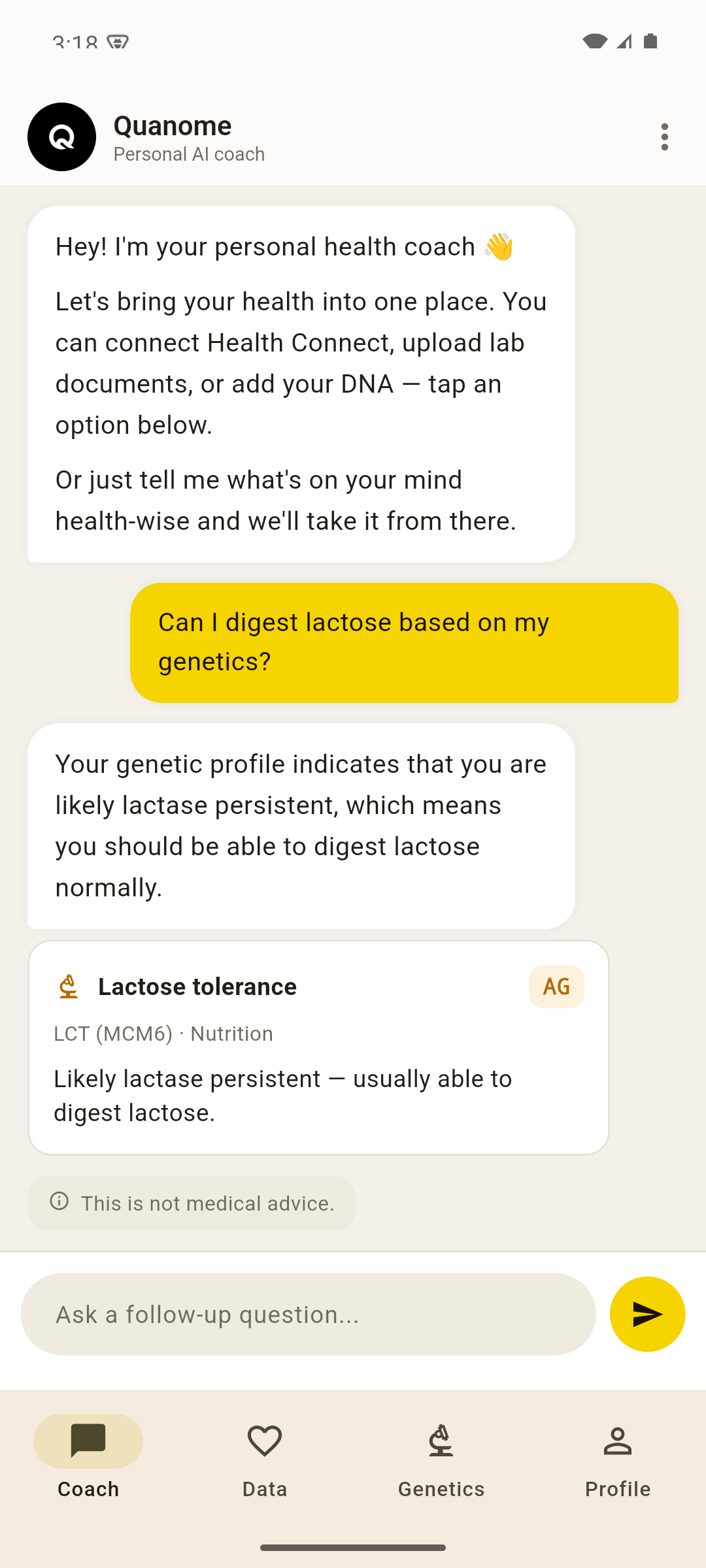 Quanome explaining a gene result from your raw DNA in plain language